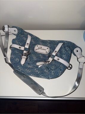 Vintage Guess Blue Denim Crossbody Bag with White Trim
